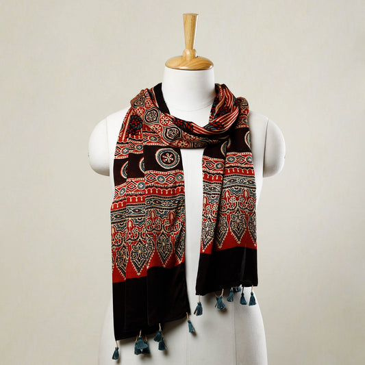Red - Ajrakh Block Printed Modal Silk Stole with Tassels