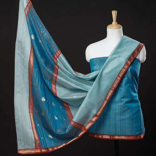 Blue - 3pc Chanderi Silk Handloom Zari Buti Suit Material Set