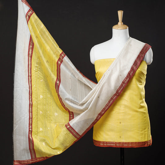 Yellow - 3pc Chanderi Silk Handloom Zari Buti Suit Material Set