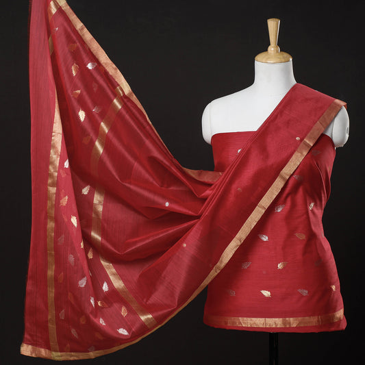 Red - 2pc Chanderi Silk Handloom Zari Buta Suit Material Set