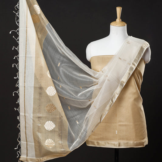 Beige - 3pc Chanderi Silk Handloom Thread & Zari Buti Suit Material Set