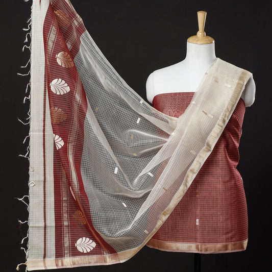 Red - 3pc Chanderi Silk Handloom Thread & Zari Buti Suit Material Set