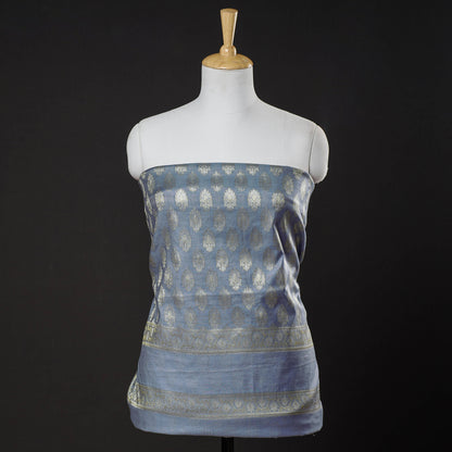Grey - 3pc Banarasi Jaal Buti Tanchoi Silk Cotton Suit Material Set