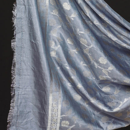 Grey - 3pc Banarasi Jaal Buti Tanchoi Silk Cotton Suit Material Set
