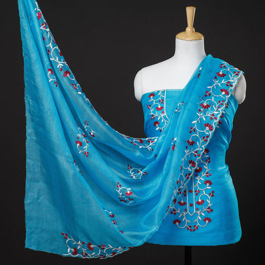Blue - 3pc Kota Doria Pure Silk Embroidered Suit Material Set