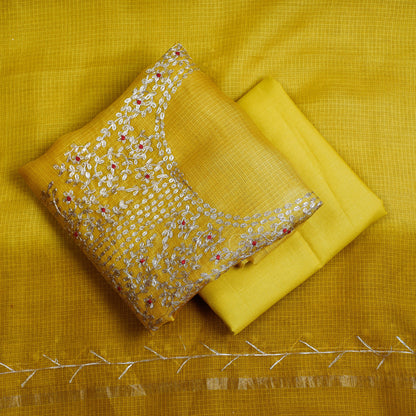 Yellow - 3pc Pitta Work Kota Doria Pure Silk Suit Material Set