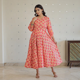 Pink - Hand Batik Printed Cotton Flared Dress 07