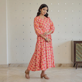 Pink - Hand Batik Printed Cotton Flared Dress 07