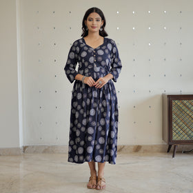 Black - Hand Batik Printed Cotton Flared Dress 03