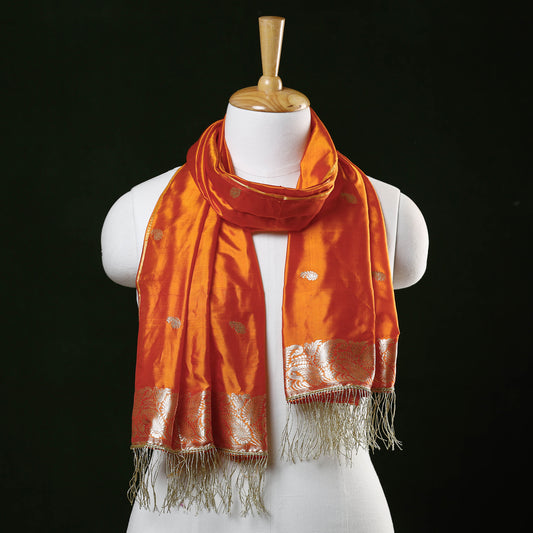 Orange - Banarasi Brocade Handloom Mulberry Silk Stole with Zari Tassels