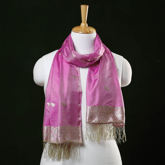 Pink - Banarasi Brocade Handloom Mulberry Silk Stole with Zari Tassels