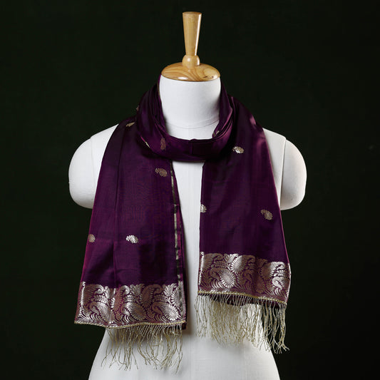Purple - Banarasi Brocade Handloom Mulberry Silk Stole with Zari Tassels