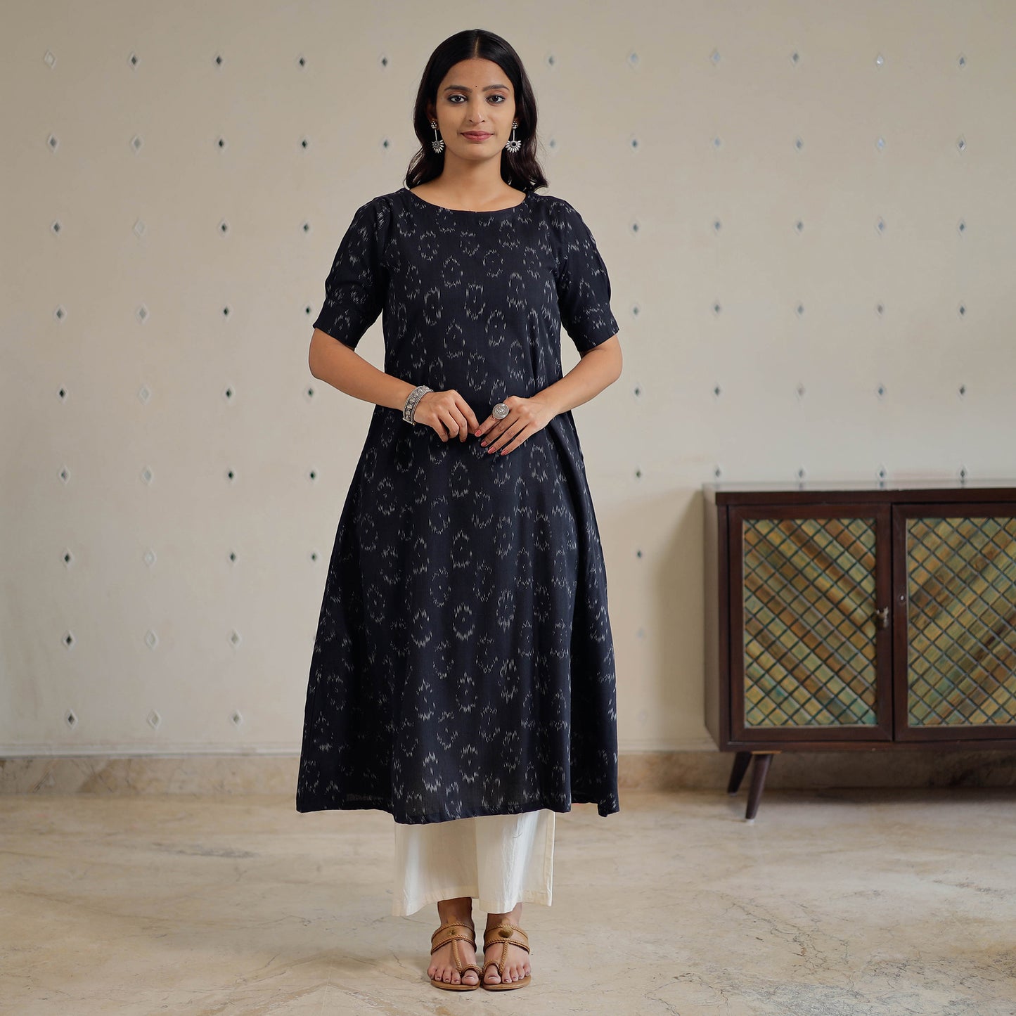 Black - Pochampally Ikat Weave Cotton Dress 02