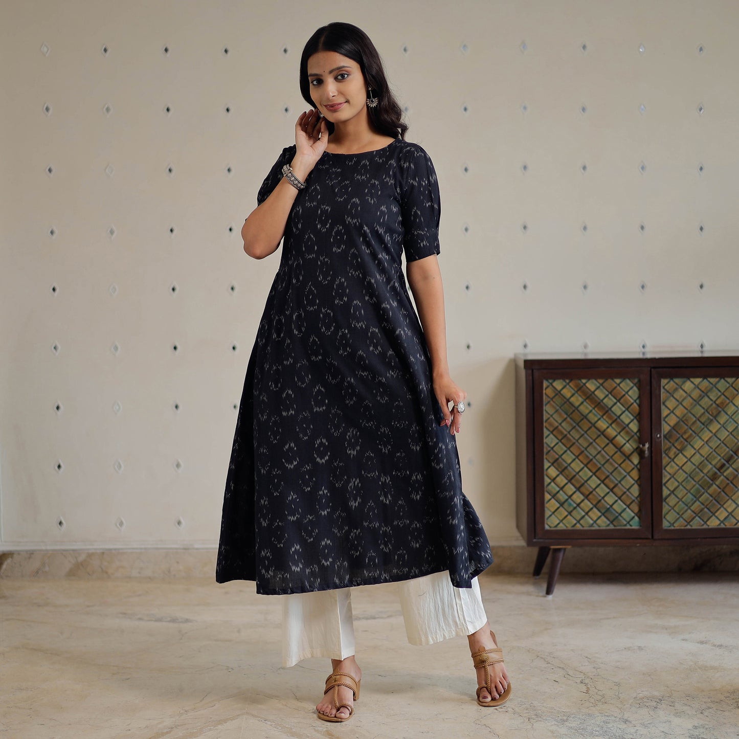 Black - Pochampally Ikat Weave Cotton Dress 02