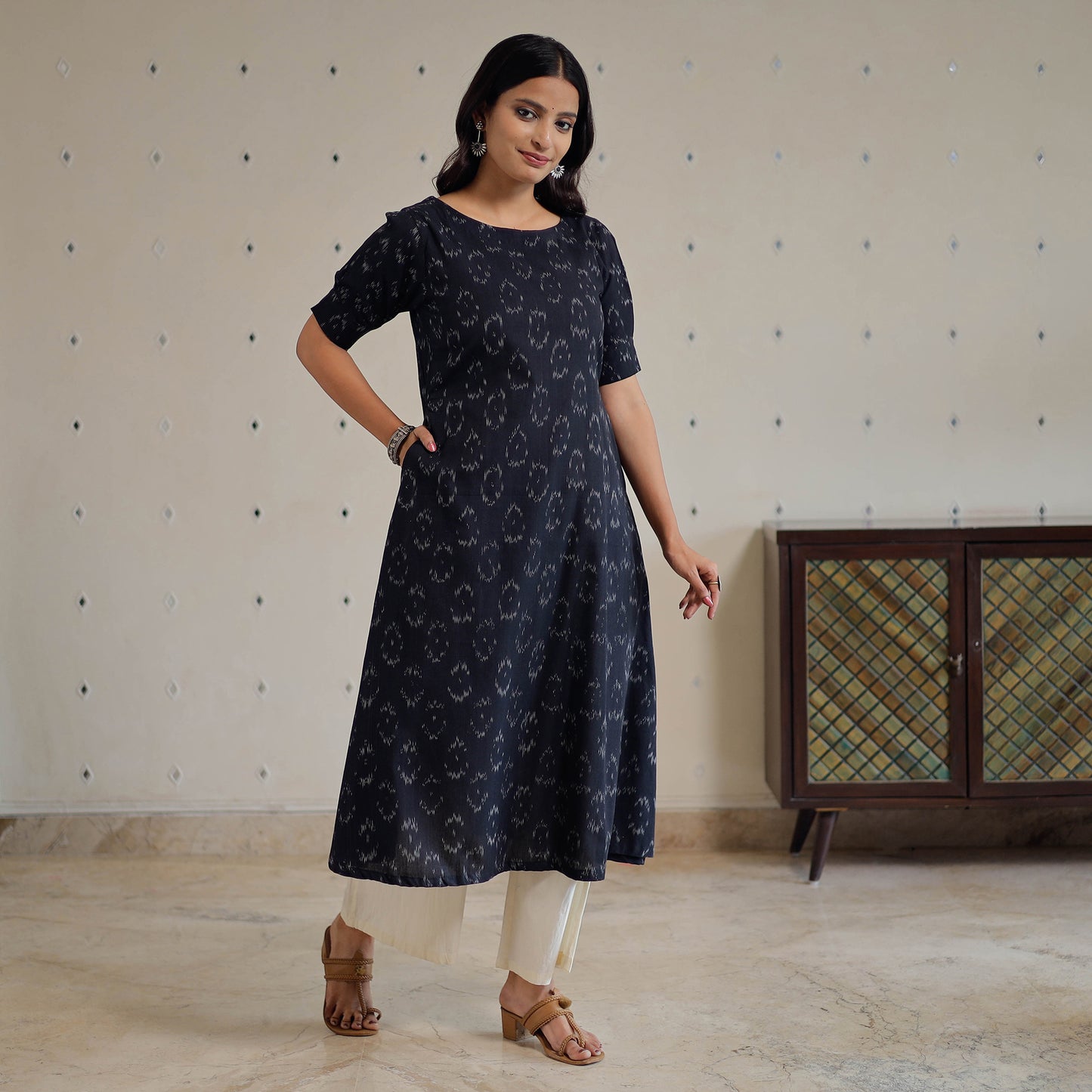 Black - Pochampally Ikat Weave Cotton Dress 02