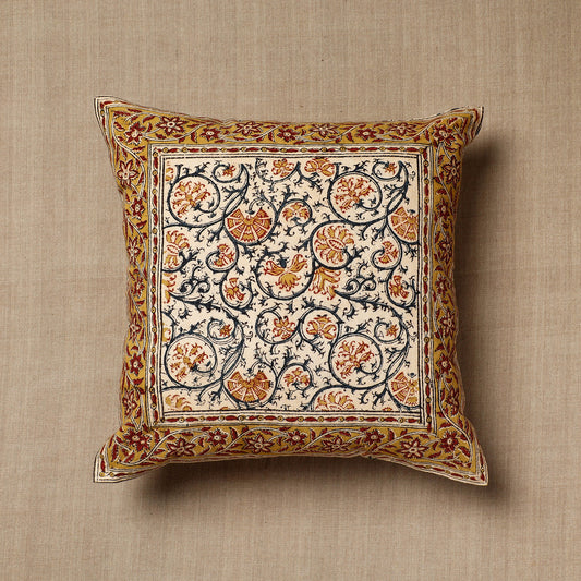 Beige - Original Pedana Kalamkari Block Printed Cotton Cushion Cover (16 x 16 in)