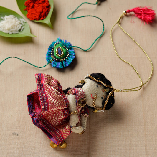Hand Embroidered Felt Work Radha Morpankh Rakhi & Lumba Set 170