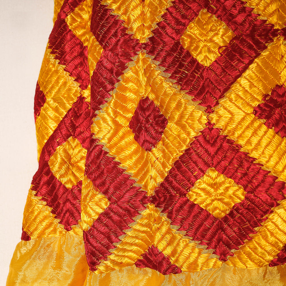 Yellow - Traditional Phulkari Embroidered Chinnon Fabric