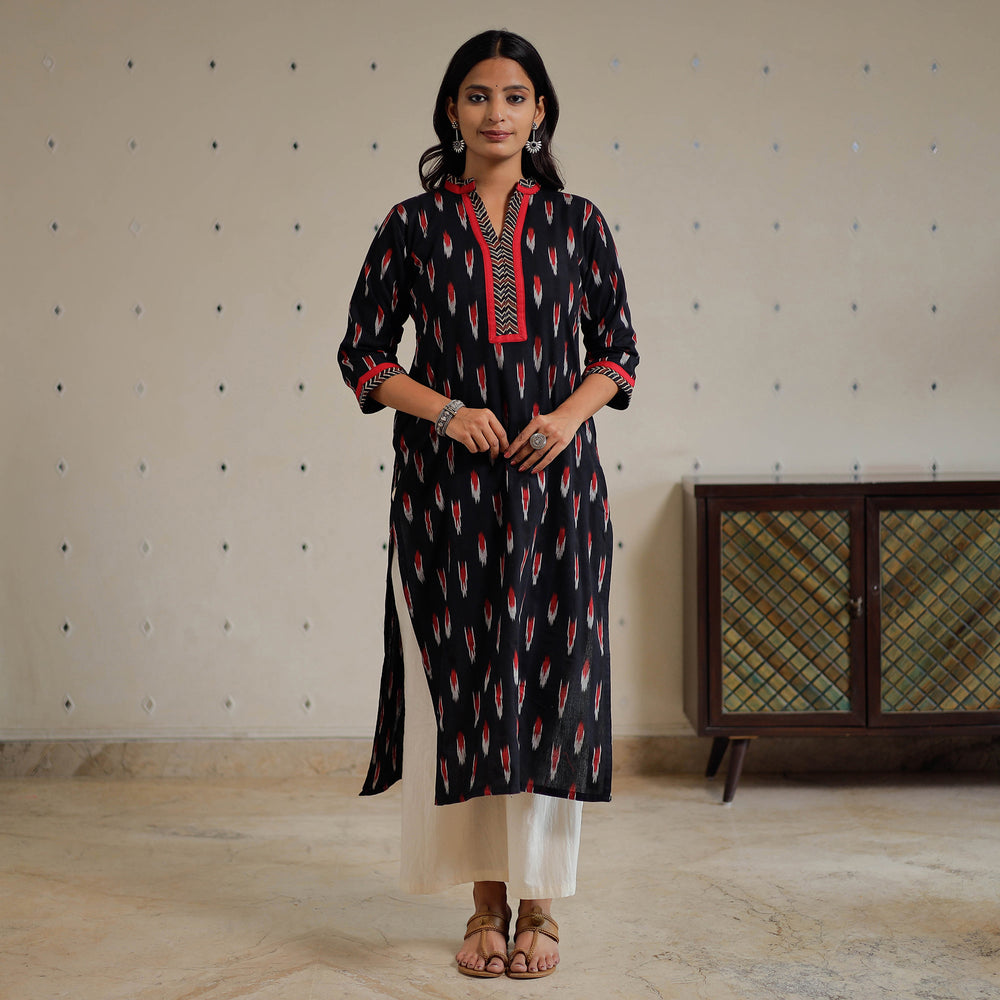 Black - Pochampally Ikat Weave Cotton Long Kurta