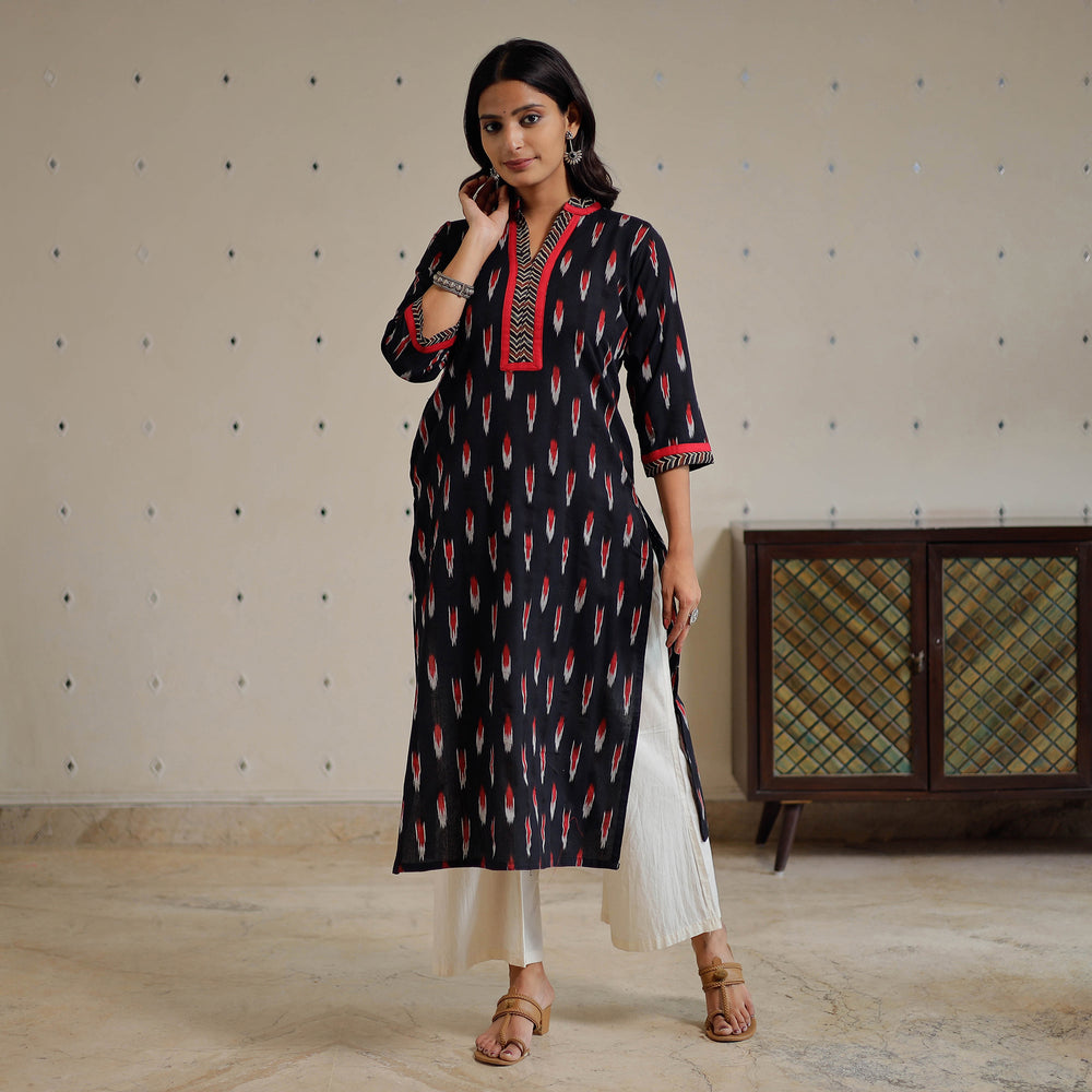 Black - Pochampally Ikat Weave Cotton Long Kurta