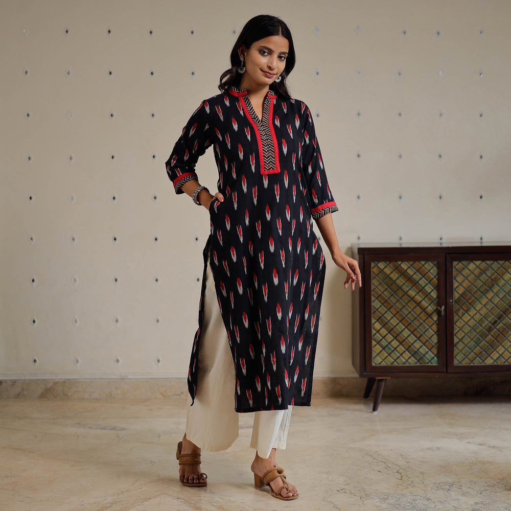 Black - Pochampally Ikat Weave Cotton Long Kurta