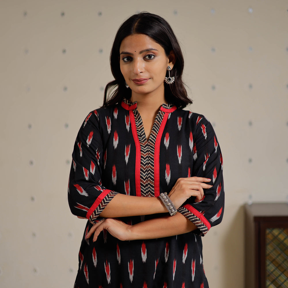 Black - Pochampally Ikat Weave Cotton Long Kurta