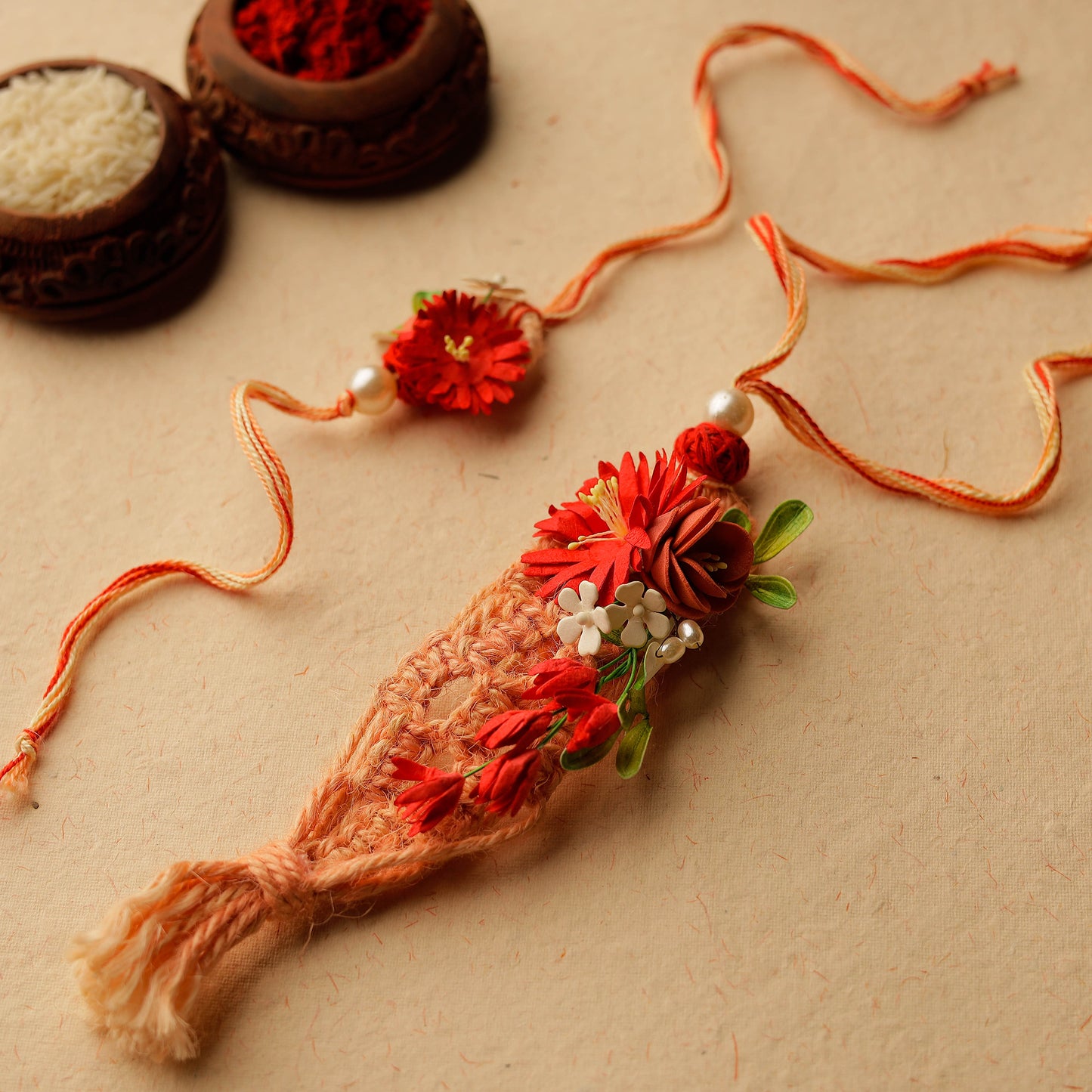 Handmade Paper Flowers & Thread Work Rakhi & Lumba Set