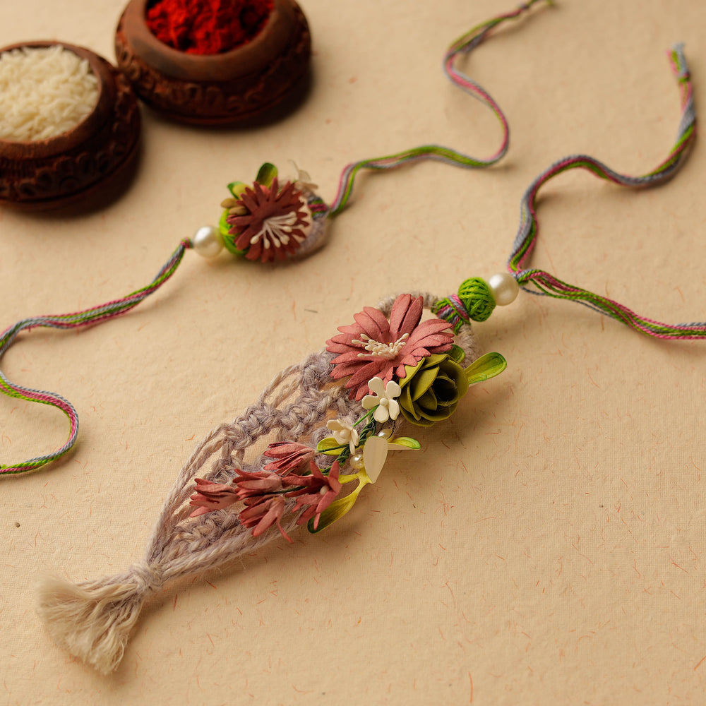 Handmade Paper Flowers & Thread Work Rakhi & Lumba Set