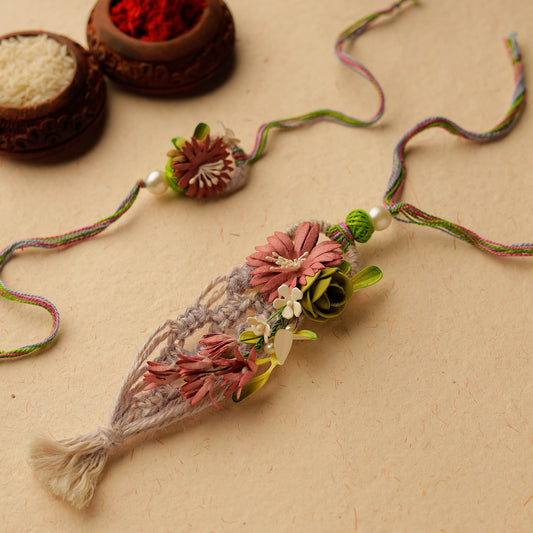 Handmade Paper Flowers & Thread Work Rakhi & Lumba Set 39