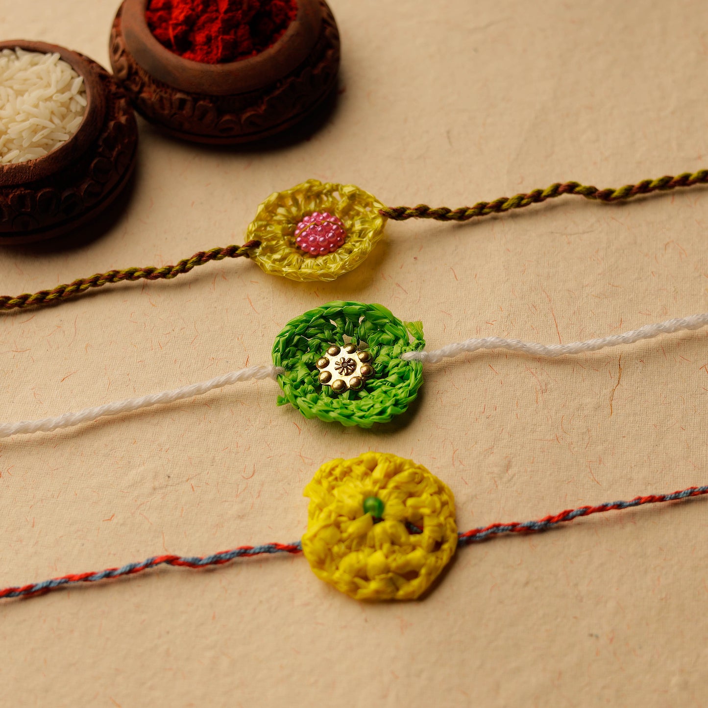 Handmade Upcycled Weave Rakhi by Khamir (Set of 3) 45