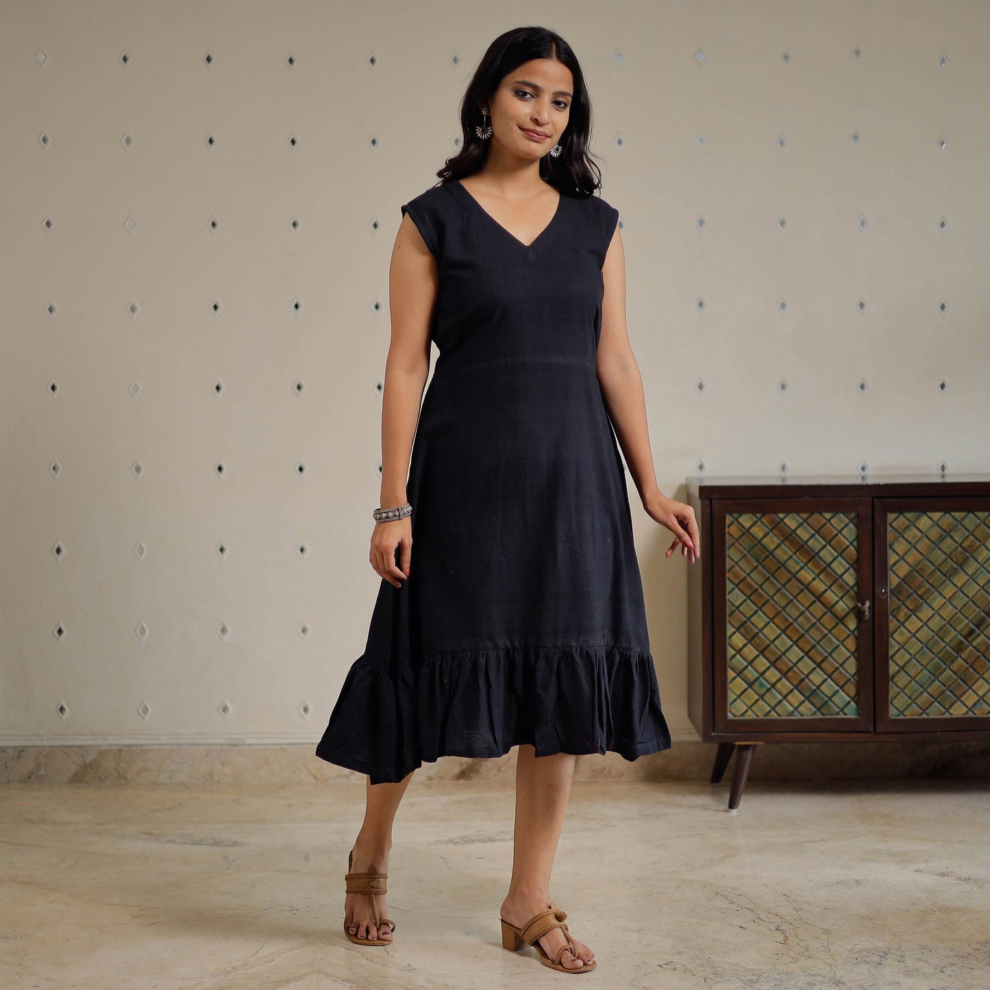 Black - Plain Handloom Cotton Flare Dress