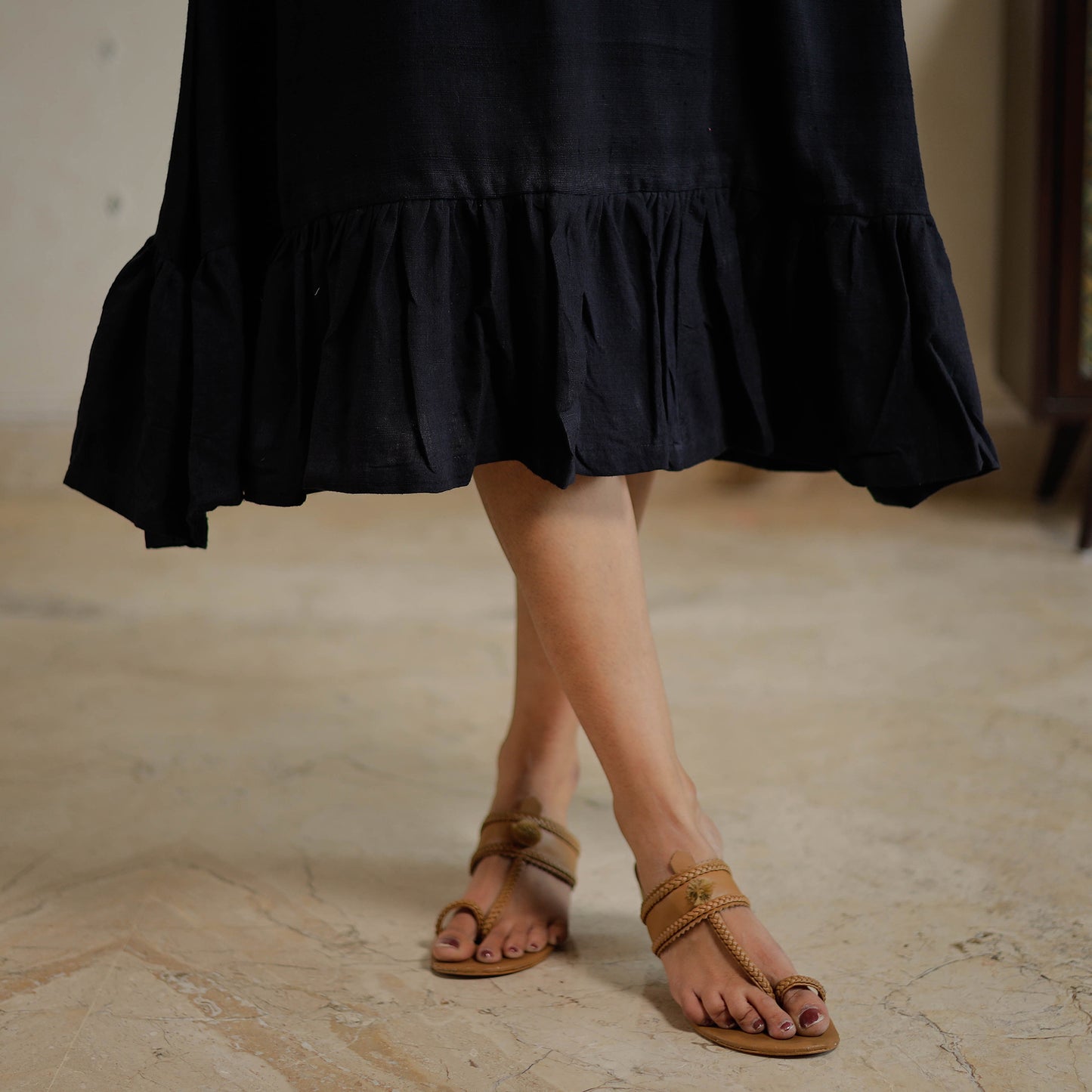 Black - Plain Handloom Cotton Flare Dress