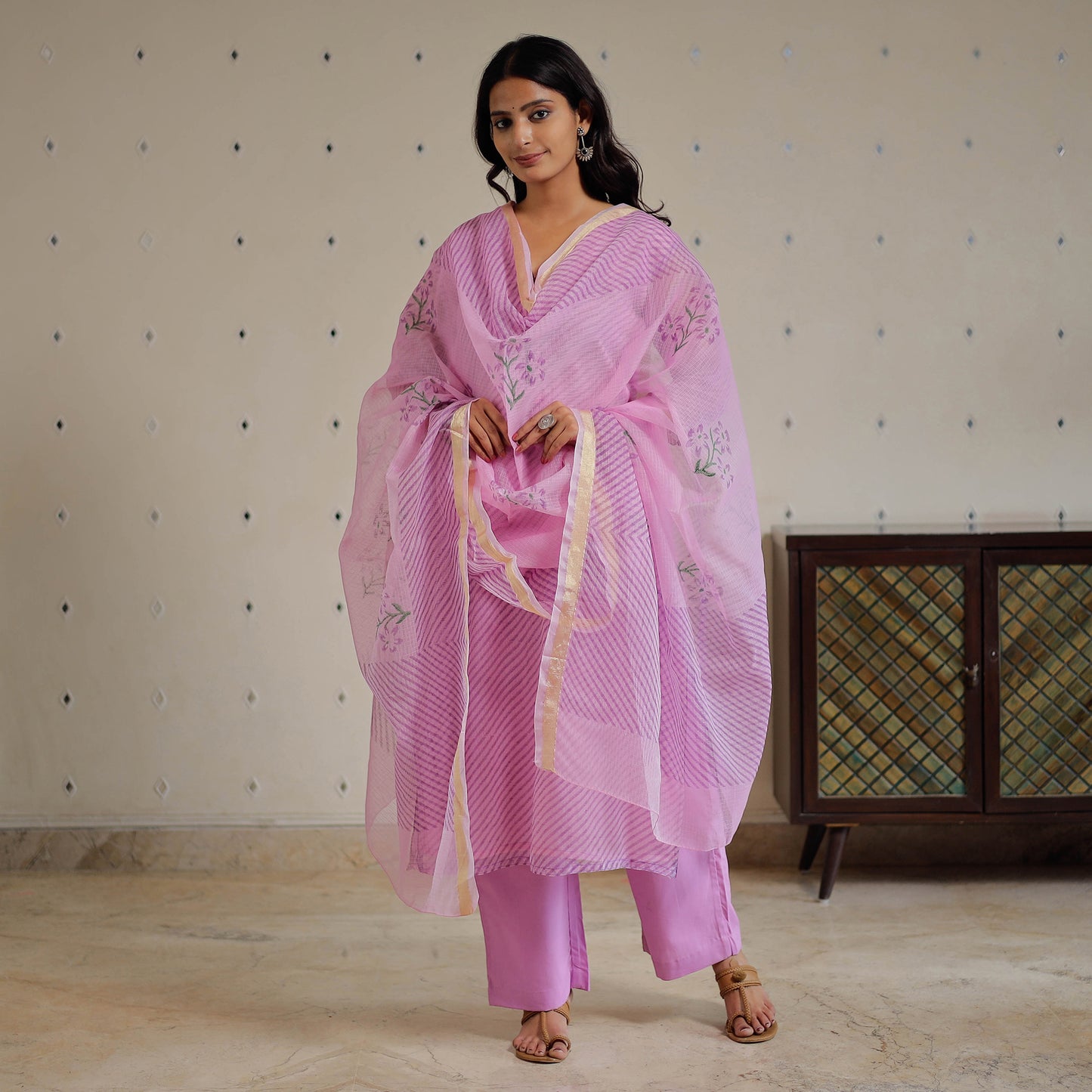 Purple - Leheriya Printed Kota Doria Kurta with Palazzo & Dupatta Set 20