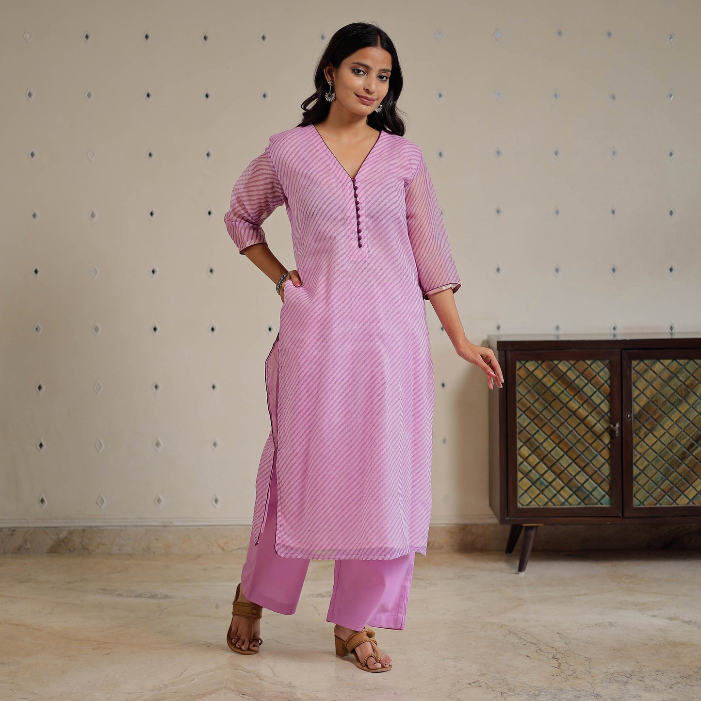 Purple - Leheriya Printed Kota Doria Kurta with Palazzo & Dupatta Set 20