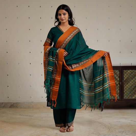 Green - Dharwad Cotton Kurta with Palazzo & Dupatta Set 02