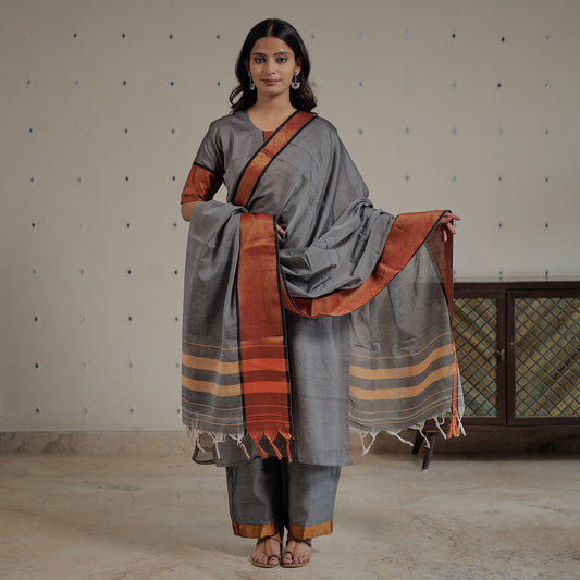 Grey - Dharwad Cotton Kurta with Palazzo & Dupatta Set 10