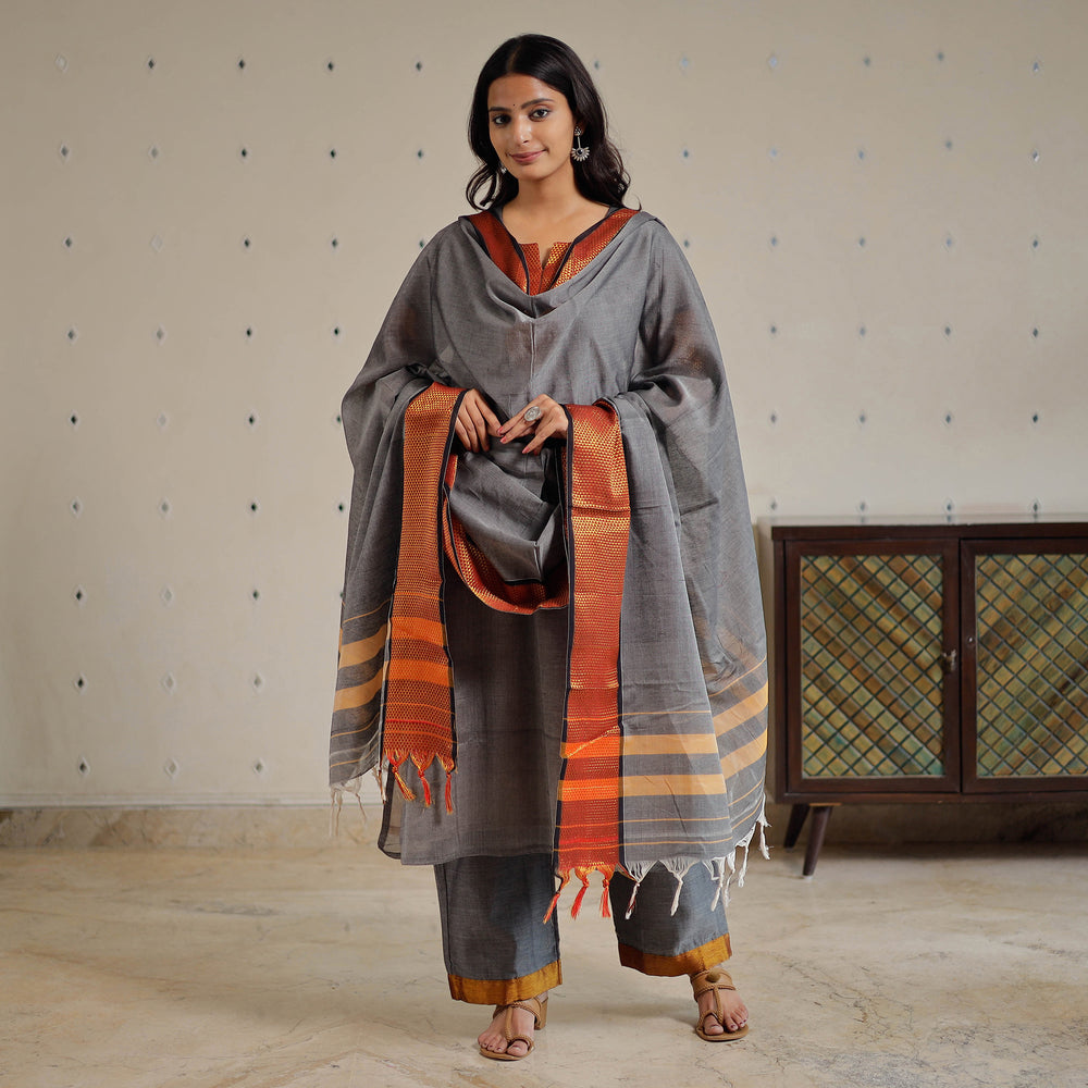 Grey - Dharwad Cotton Kurta with Palazzo & Dupatta Set 10