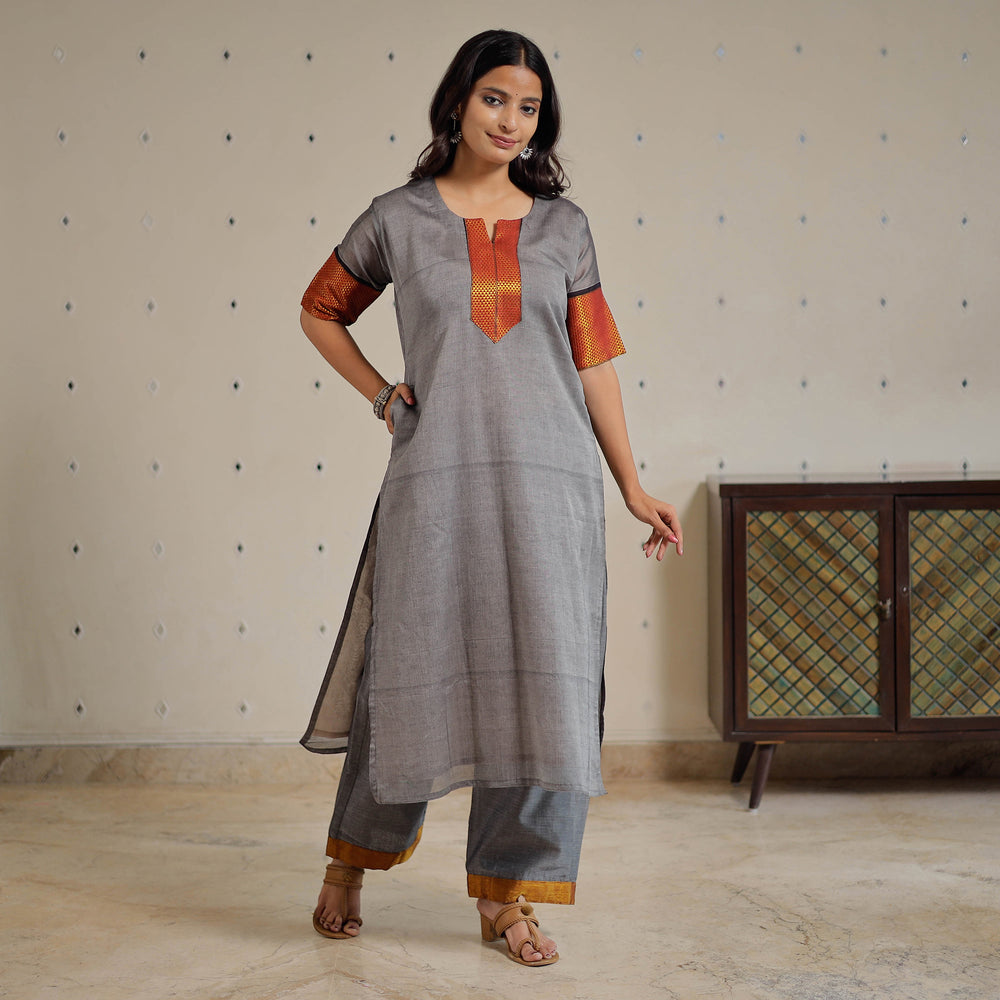 Grey - Dharwad Cotton Kurta with Palazzo & Dupatta Set 10