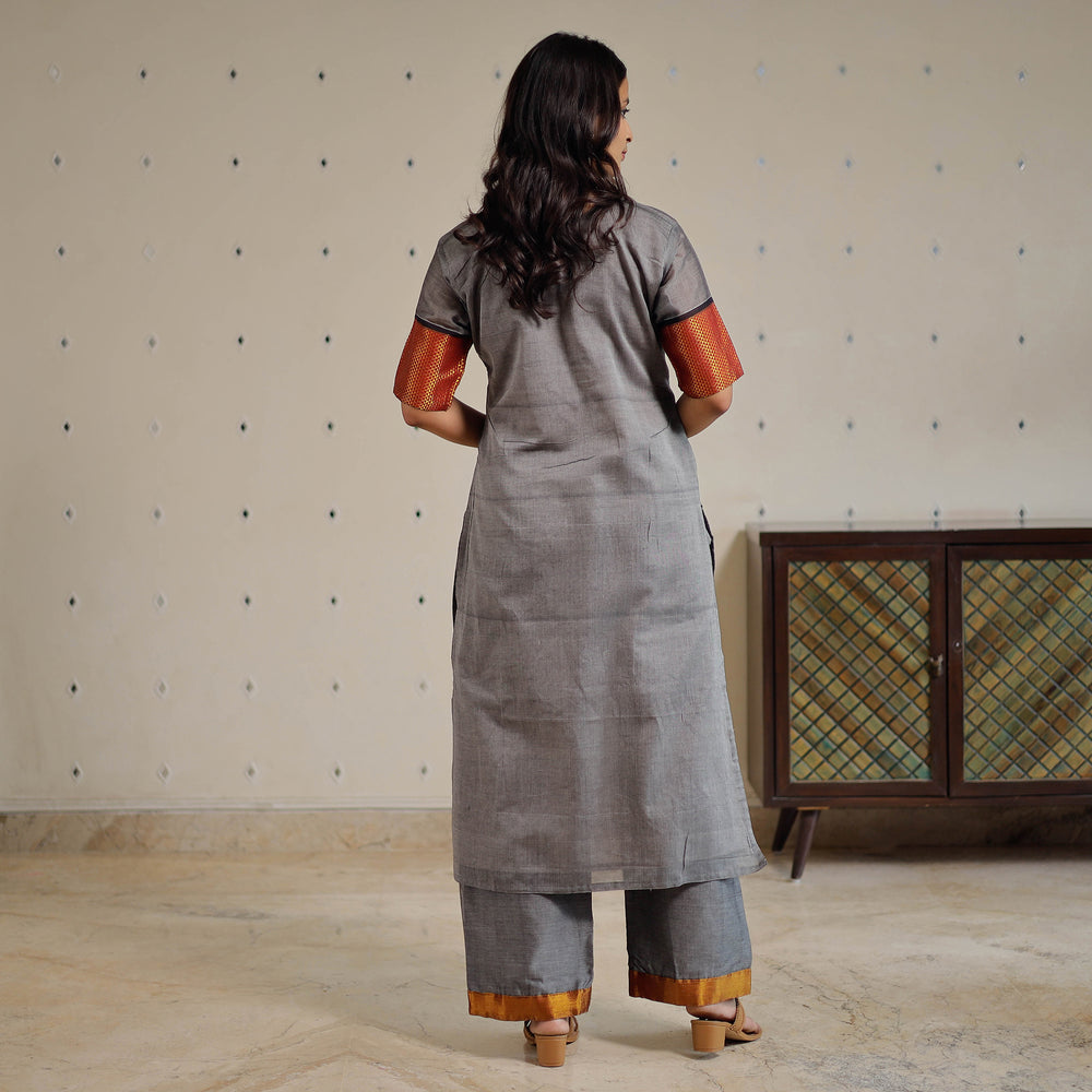 Grey - Dharwad Cotton Kurta with Palazzo & Dupatta Set 10