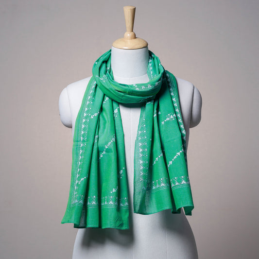 Green - Bengal Kantha Embroidered Cotton Handloom Stole 04