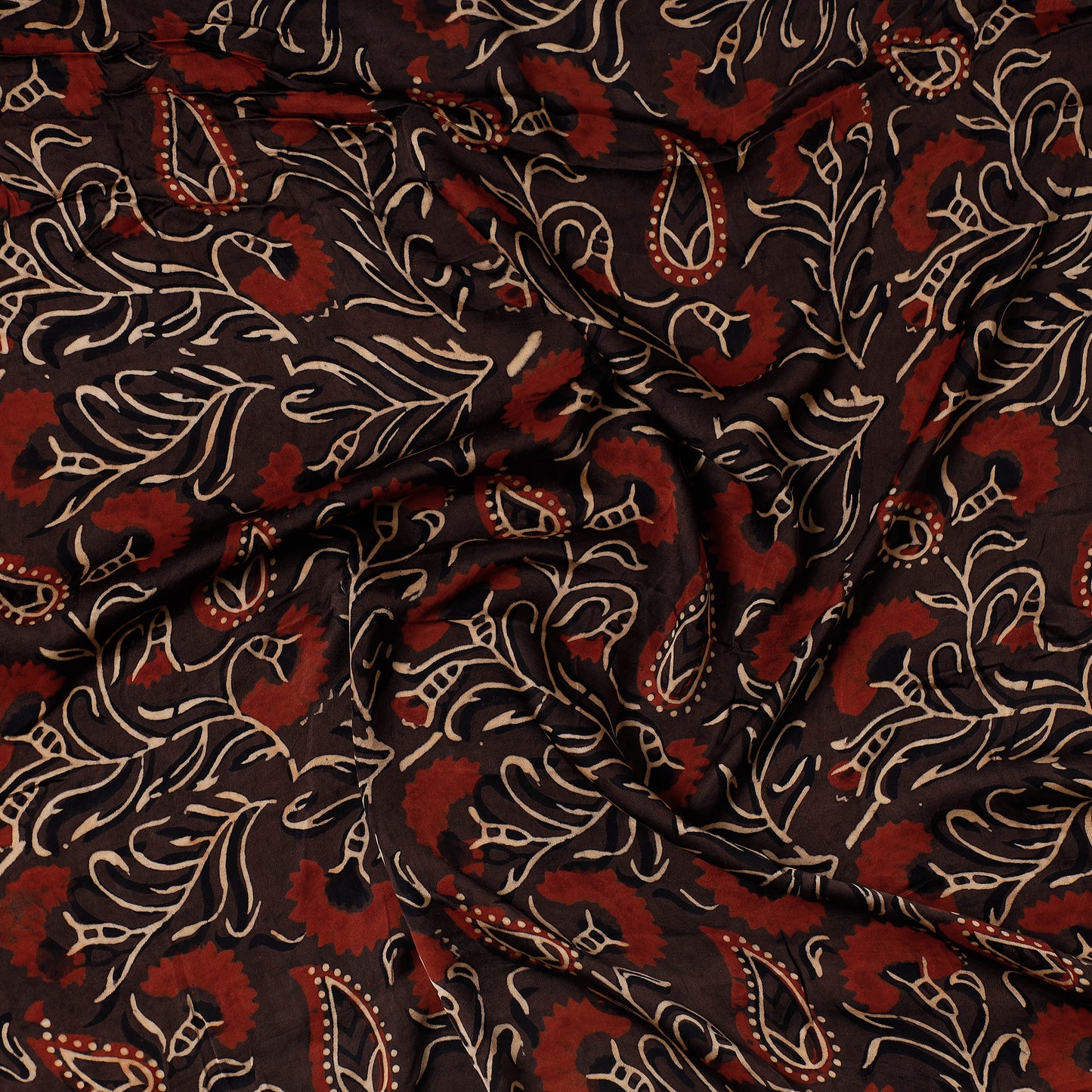 Brown - Ajrakh Block Printed Modal Silk Precut fabric - (0.9 meter)