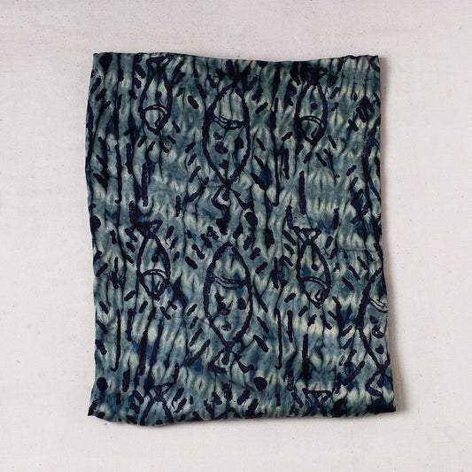 Blue - Ajrakh Block Printed Modal Silk Precut fabric - (0.8 meter)