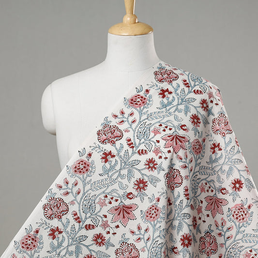 White with Cabbage Rose Buti Sanganeri Block Printed Cotton Fabric