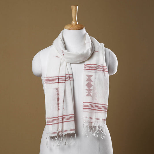 White - Burdwan Jamdani Buti Handloom Cotton Stole with Tassels