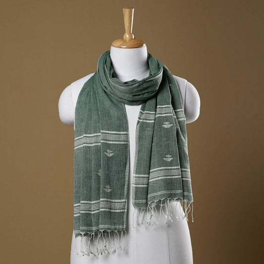 Green - Burdwan Jamdani Buti Handloom Cotton Stole with Tassels