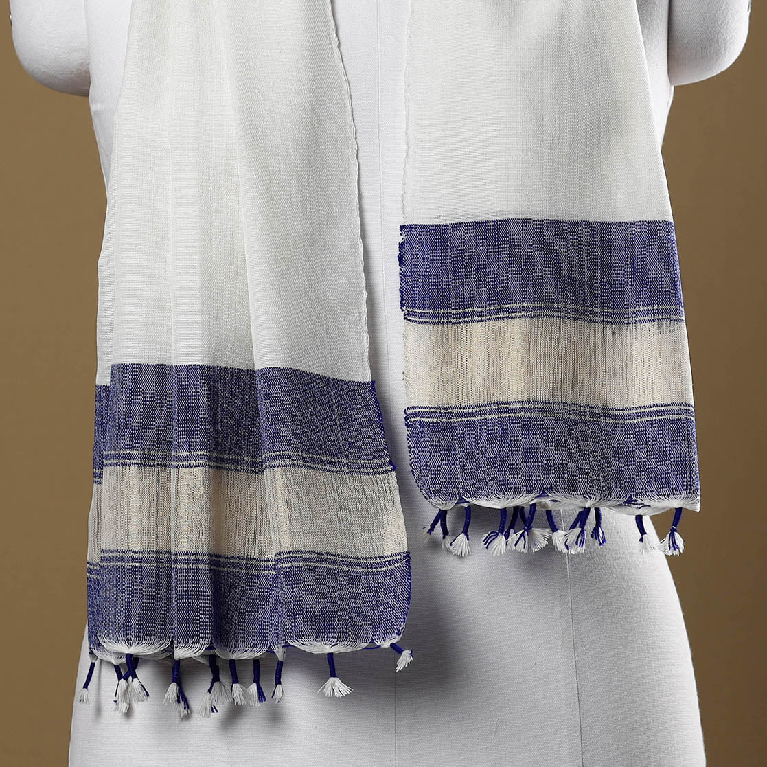 White - Kutch Bhujodi Weave Handloom Cotton Stole with Zari Border
