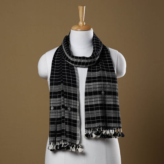 Black - Kutch Bhujodi Weave Handloom Cotton Stole with Tassels