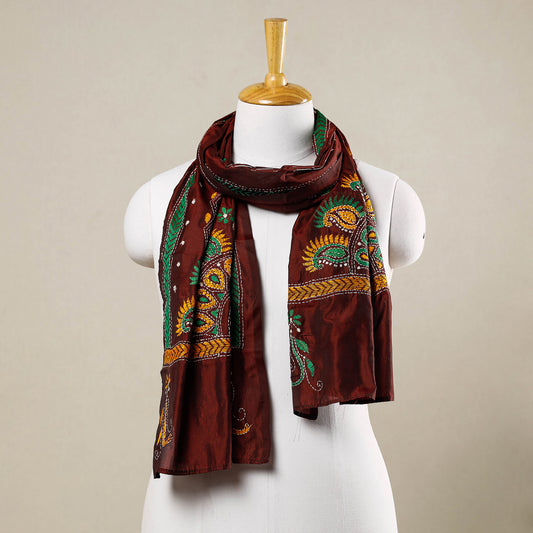 Maroon - Bengal Kantha Hand Embroidery Tussar Silk Handloom Stole