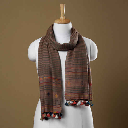 Brown - Kutch Bhujodi Weave Handloom Cotton Stole with Tassels