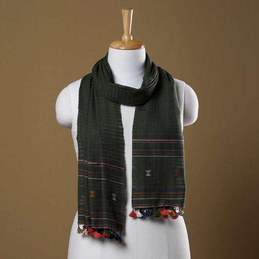 Green - Kutch Bhujodi Weave Handloom Cotton Stole with Tassels